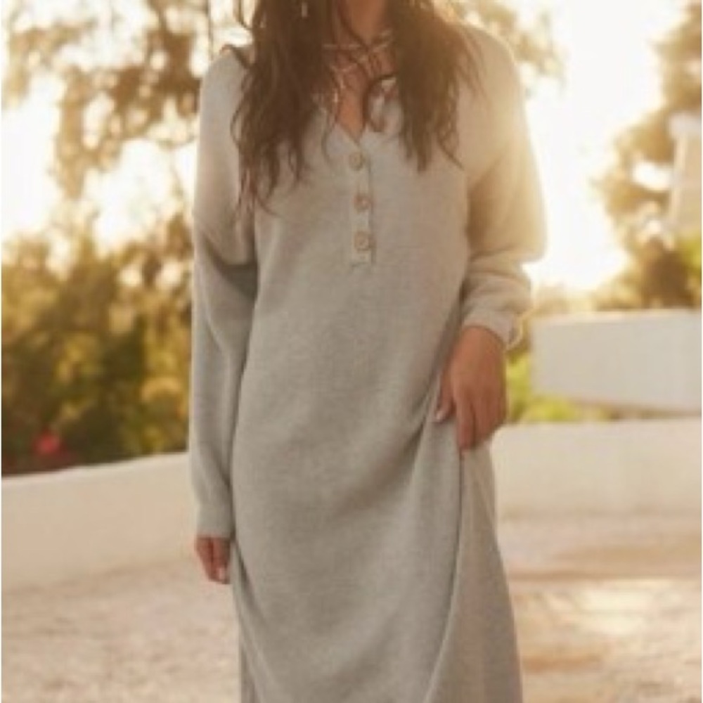 Free People Heather Gray Knit Sweater Dress Midi Waffle Knit